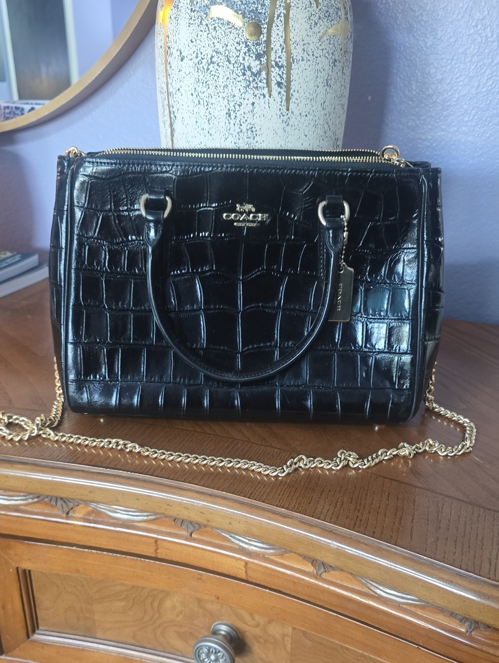 Coach Black Croc-Embossed Satchel with Gold Chain Strap